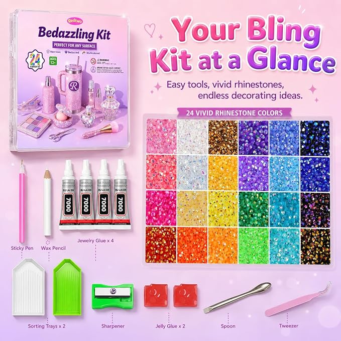 Redtwo 4mm 20000Pcs Bedazzling Kit with Rhinestones | 24 Colors Flatback Rhinestones, 4Pcs 10ml Jewelry Glue and Tools for Clothes, Books, Shoes and Crafts