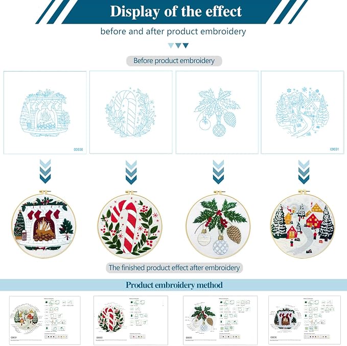 Zhenqing Christmas Embroidery Kit for Beginners - 4 Piece 29x29cm Round Designs with Embroidery Hoop, Threads & Tools (Snowy Cabin, Fireplace, Candy Cane, Holly)(C0066)