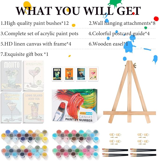 4 Pack Framed Paint by Numbers Kit for Adults Cocktail with Wooden Easel | With Frame Canvas 8x12 IN, For Adults Beginner, DIY Acrylic Painting Retro, Stress Relief Craft Kits, Home Wall Decor Gift