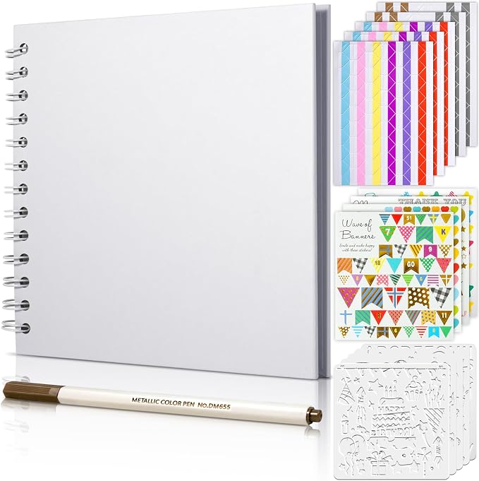 GOTIDEAL 7 x 7 Inch Scrapbook Album with Metallic Markers, White, 40 Pages | Kraft Paper Photo Albums for Wedding & Anniversary, Family DIY Scrap Books with Scrapbooking Stickers Corners