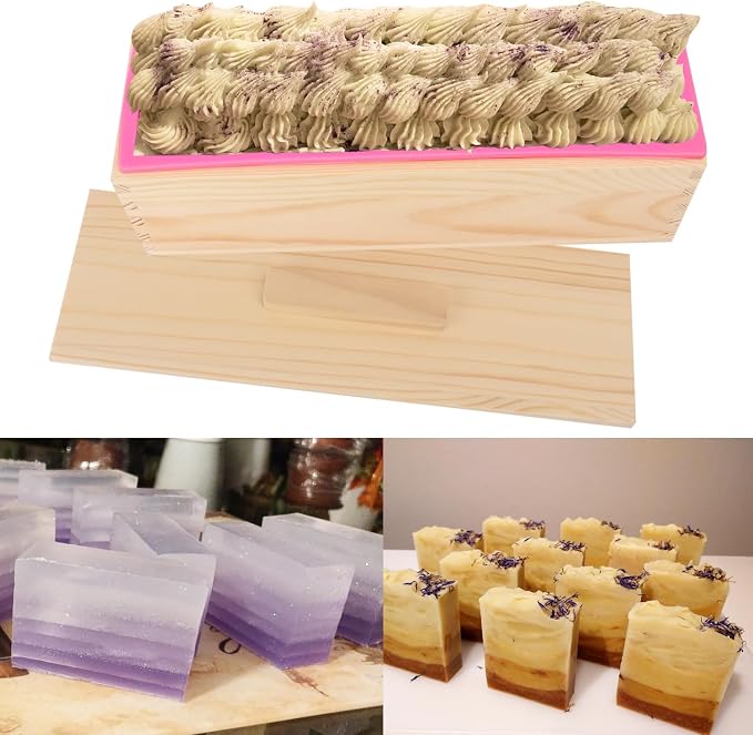 6 Packs 42oz Soap Loaf Wood Box for Soap Making, Pink Premium Silicone Loaf Soap Mollds with Wooden Box and Lid, Ideal for Large Size Homemade Soaps, Flexible and Heat Resistant