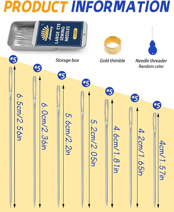 JNENERY Large Eye Sewing Needles 7Sizes Stainless Steel Needles Hand Sewing | 35Pcs Leather, Embroidery, Repair, Quilting- Easy Threading with Threader, Thimble for Crafters, Seniors, Traveler