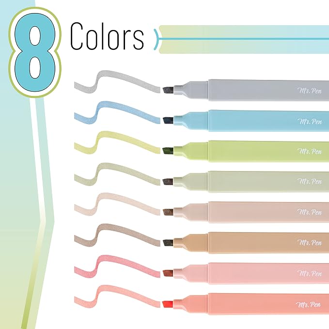 Mr. Pen- Aesthetic Highlighters No Bleed, 8 Pack, Vintage Colors | Chisel Tip, Cute Highlighters Assorted Colors for Journaling, Highlighting, Underlining, Fast Dry, Back to School Supplies