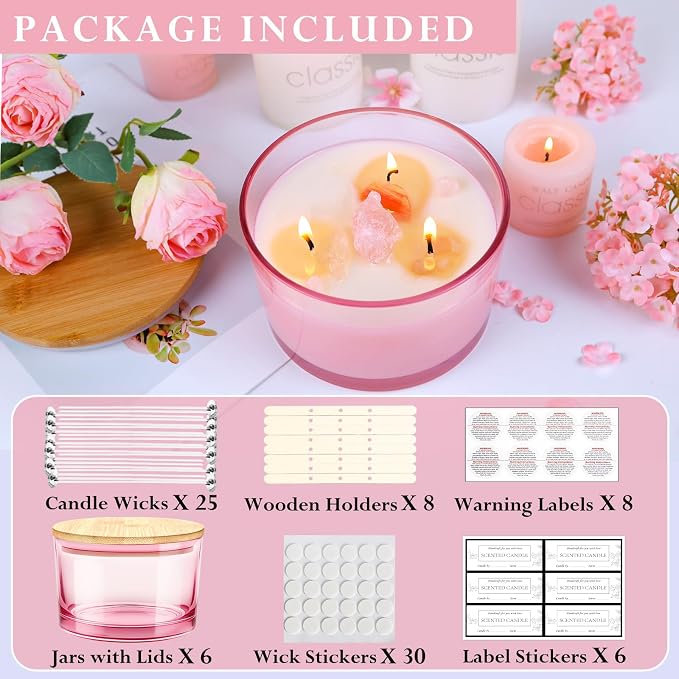 CONNOO 6 Pack 24oz Pink Glass Candle Jars with Airtight Bamboo Lids