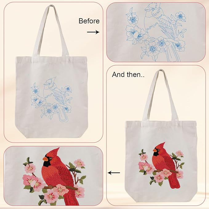 Louise Maelys Cardinal Embroidery Kit for Beginners Canvas Tote Bag