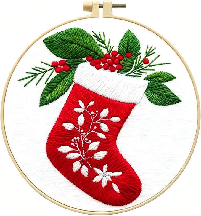 Zhenqing Christmas Stocking Embroidery Kit for Beginners, Red Stocking Needlework Kit with Pre-Printed Fabric, Hoop, Threads & Tools (C0035)