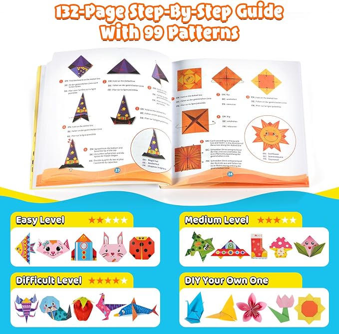 Funtopia Origami Kit for Kids Ages 5-8 8-12, 260 Sheets Origami Paper | DIY Craft Art Projects Supplies for Boys Girls, 99 Patterns and Guiding Book, Travel School Vacation Activities Toy