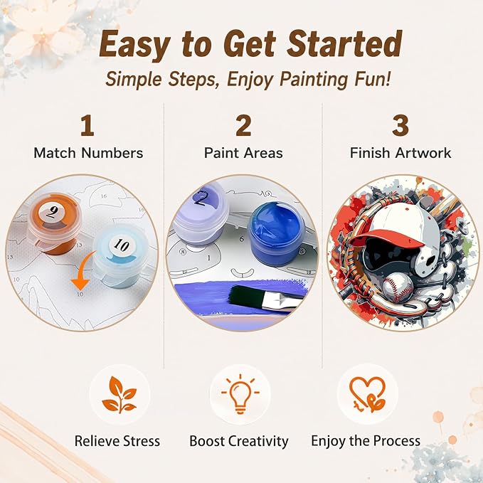 AUKELHJ Framed Paint by Numbers Kit for Adults, Baseball, 10x10 inch