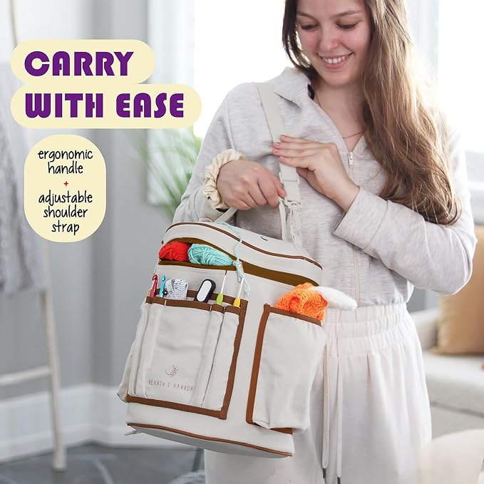 Hearth & Harbor Crochet Bag Organizer – Durable Knitting Bag, Yarn Organizer for Accessories and Supplies, Canvas Yarn Holder, Crochet Carrying Case with Accessories Pouch, Storage Organizer–Warm Gray