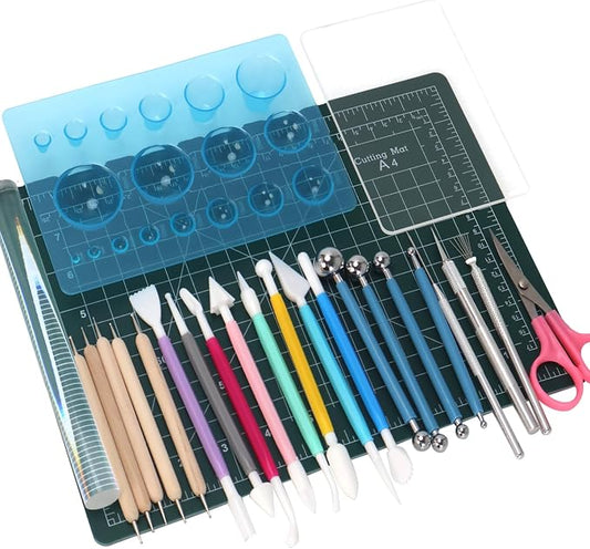 Basic Polymer Clay Tools, Clay Sculpting Tools Acrylic Roller Pin, Clear Rectangle Sheet Press Board, Double-Ended Pottery Carving Set for Beginner (26)
