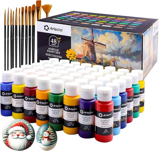 Artecho Acrylic Paint Set 48 Colors 2oz/59ml with 12 Brushes, Art Supplies | Permanent rich pigment non-toxic craft kit for canvas, fabric, rock, wood, ceramic, Great gift for adults & beginners