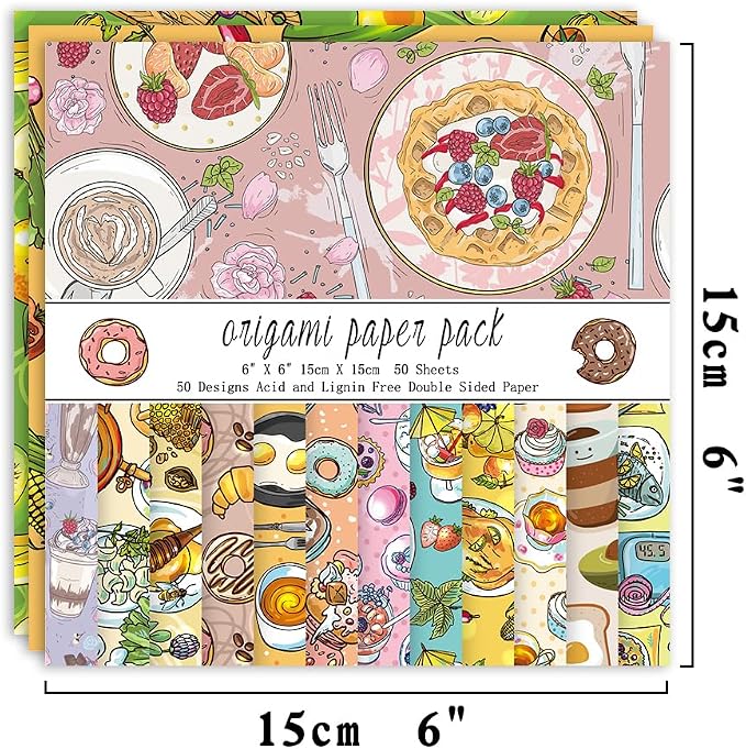 Origami Paper 50 Sheets, 6-Inch Square Double Sided Colored Craft Paper | 70GSM colorful paper,50 Vivid Pattern Origami Kit,DIY Hand Crafts,Arts Creativity,Easy to Fold,No-Fading.Dessert