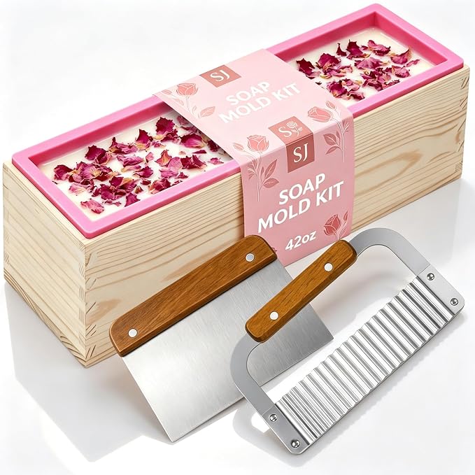 SJ 42 oz Soap Making Kit with Pink Silicone Loaf Mold, Wooden Box & Cutters | Stainless Steel Straight & Wavy Cutters, Food-Grade Silicone Loaf Mold, Easy Release, Reusable, DIY Soap Making