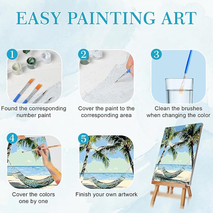 Qoosea Paint by Numbers Kit for Adults with Framed Canvas 4 Pack | Beach and Turtle Paint by Number Arts Kits for Beginner with Wooden Easel, Acrylic Set, Brushes for Home Decor, 9 * 12 Inch