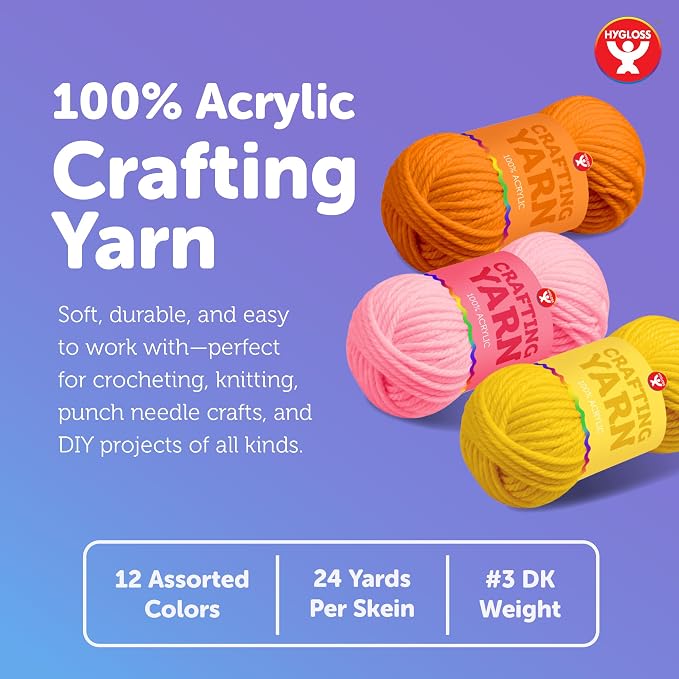 Hygloss Assorted Acrylic Yarn for Crocheting & Hand Knitting – Set of 12 | Classic Colors | CR- 24 Yard Per Skein | Total 288 Yds | Beginner Friendly | Soft Smooth Crochet Yarn #3 Weight DK