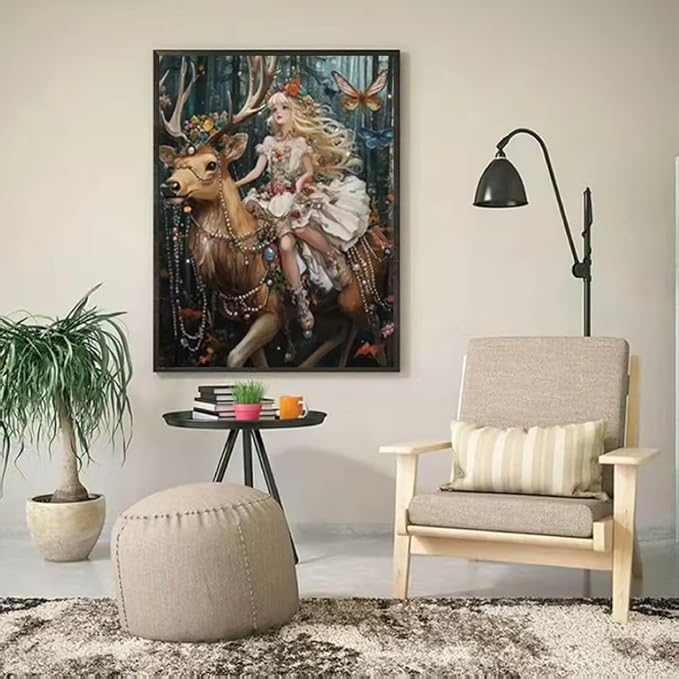 YUXUANKANG Fantasy Forest Fairy Riding Deer Diamond Painting Kit, Anime Girl with Flowers and Butterflies 12x16 inch
