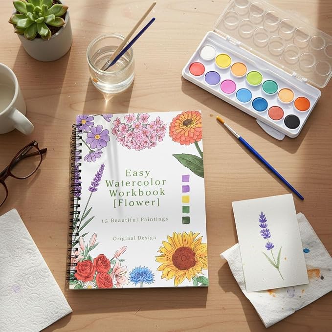 Watercolor Workbook for Beginner,15 Flower Patterns of Original DIY Designs,16 Colors Watercolor Paint Set with Brush Palette,Beginner-Friendly Water Color Workbooks,Water Coloring Book for Adults