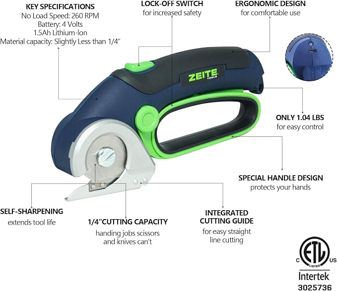 ZEITE 4V Cordless Electric Scissors,Cardboard Cutter with 2 Blades,Storage Box,USB Charging Cable,Power Rotary Cutter,Max Cutting 1/4",for Cardboard Box,Thin Carpet & Plastic, Easy to Hold and Safe