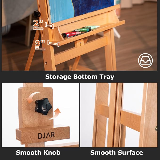 DJAR Large H-Frame Art Easel for Painting, 360° Casters Wheels, Natural