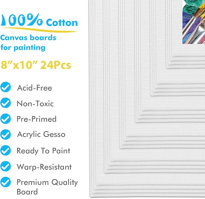 GOTIDEAL Canvas Boards for Painting, 8x10 inch Set of 24 | Gesso Primed White Canvases for Painting, 100% Cotton Art Supplies Canvas for Acrylic Paint, Pouring, Oil Paint