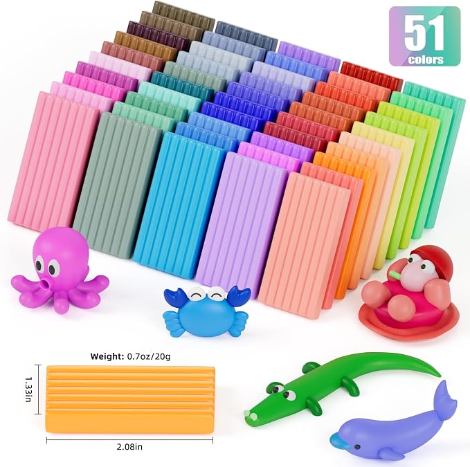 CiaraQ 51-Color Polymer Clay Oven Bake Modeling Kit | 14 sculpting tools, 2-layer storage box, silicone mold, acc. pack, guide. Great for school, home, gifts, kids & artists.