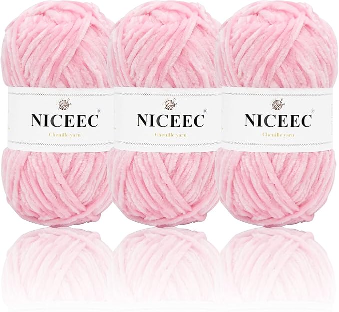 NICEEC 3 Skeins Soft Chenille Yarn 3 x85m (3X 93yds, 3X 50g)_Light Pink