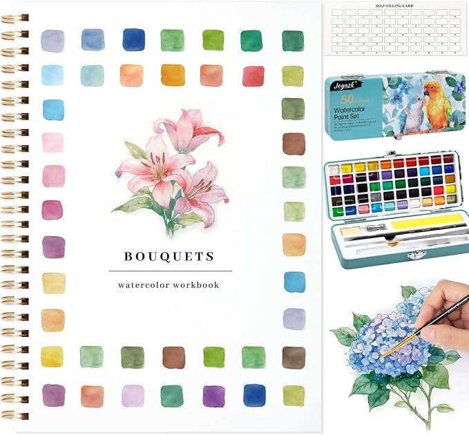 Watercolor Workbook with 12 Bouquet Patterns, 50Colors Watercolor Paint Set | Water Coloring Book, Beginner-Friendly Watercolor Workbooks for Creative Exploration Gift for Adults