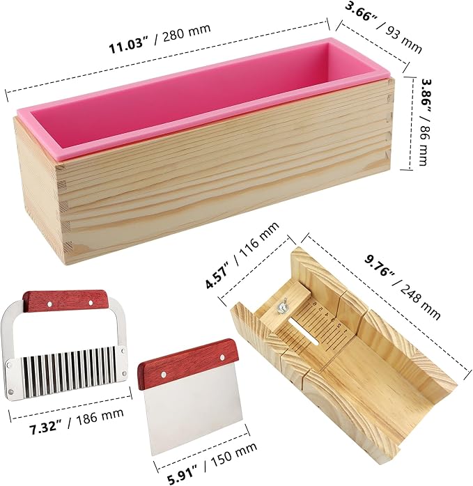 ZOENHOU 7PCS 42oz Soap Molds with Stainless Steel Wavy Slicer and Straight Slicer, Soap Loaf Bar Rectangular Silicone Soap Making Molds Kit with Wood Box DIY Tool Set for Soap Making Supplies