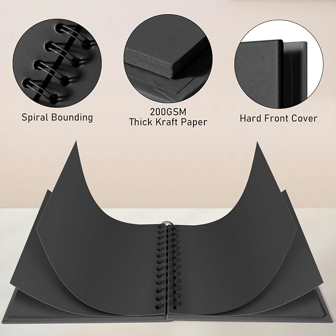 GOTIDEAL 7 x 7 Inch Scrapbook Album with Metallic Markers, Black, 40 Pages | Kraft Paper Photo Albums for Wedding & Anniversary, Family DIY Scrap Books with Scrapbooking Stickers Corners