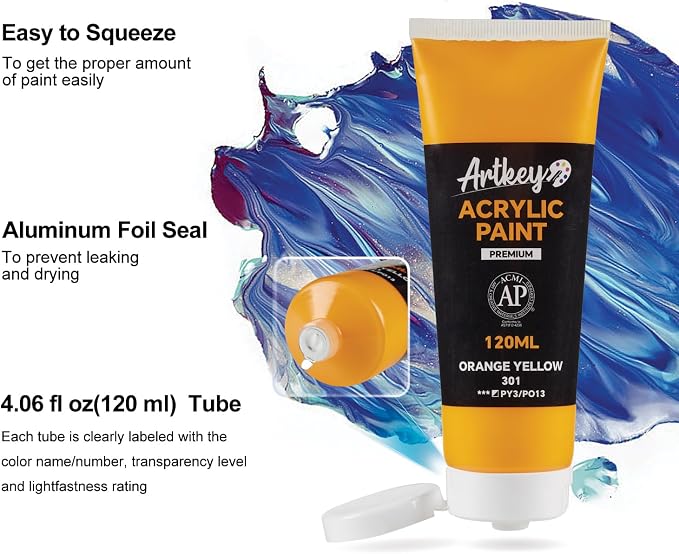 Artkey Acrylic Paint - Orange Yellow (120 ml/4.06 oz) Tubes, Rich & Vibrant Pigments, Professional Artists Acrylic Paints - Art Supplies for Canvas Wood Rock Clay Fabric Ceramics Art Crafts Painting