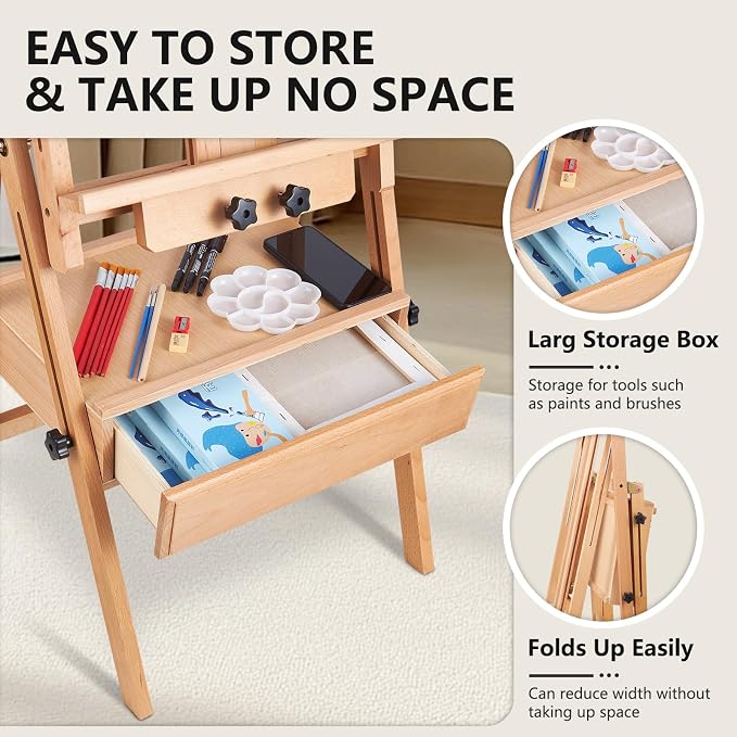 YOKUGO Beech Wood H-Frame Painting Easel with Storage Drawer, Natural