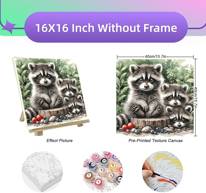 BYGFHLYW Animals Paint by Numbers Kit for Adults Beginners 16x16Inch | Raccoon Family Easy Adult Paint by Number Kits On Canvas, DIY Acrylic Oil Painting Kits for Home Wall Decor