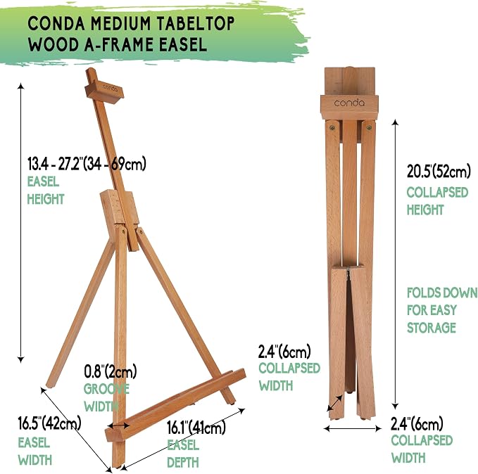 conda 27 inch A-Frame Easel, Adjustable Beechwood Tripod Display Stand, Holds Up to 23" Canvas, Portable Table Desktop Painting Picture Holder