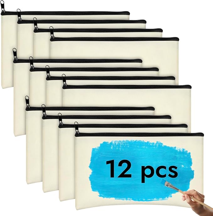 12 Pack Blank Canvas Pencil Pouches Bulk, Sublimation Zipper Bags for DIY | Small Multi-Purpose Canvas Bags with Zipper for Cosmetics, Travel, Travel Toiletries, Craft Projects, Organized 8.2" x 4.7"