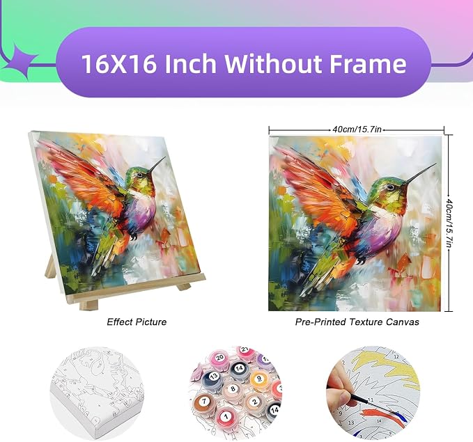 BYGFHLYW Animal Hummingbird Paint by Numbers Kit for Adults Beginners | Adult Paint by Number Kits On Canvas, DIY Acrylic Oil Number Painting Kits, Color by Number for Home Wall Decor 16x16Inch