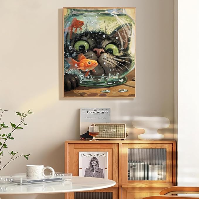 Cat Fish Funny Paint by Numbers Kit for Adults Canvas, Frameworkless | Easy Adult Paint by Number Kits on Canvas DIY Cat Fish Funny Painting for Beginners Art by Numbers for Home Wall Decor Gift