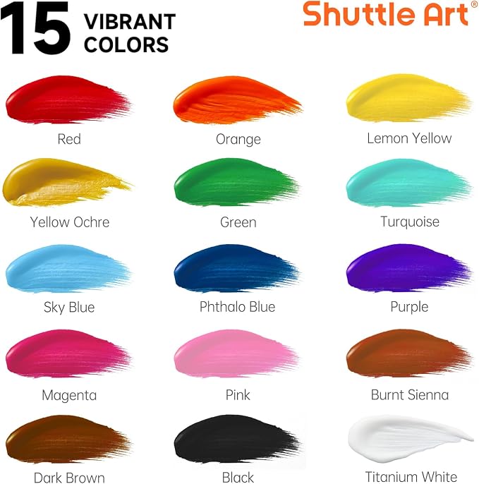 Shuttle Art 15 Colors Acrylic Paint Set, 33.8oz/1000ml Large Capacity Pump Bottles, Rich Pigments, High Coverage Paint, Fast Drying, Non-Toxic, for Canvas Wood Ceramic Rock Painting & DIY Crafts