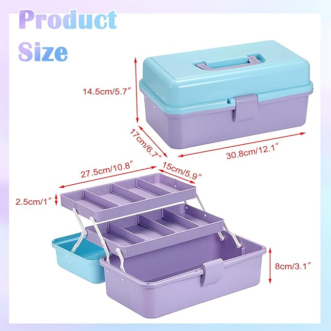 BTSKY 3-Layer Plastic Dividing Storage Box Craft Organizer and Storage | Portable Handled Art Supply Organizer with Adjustable Spacers Multipurpose Home Utility Box for Medicine Sewing(Blue+Purple)