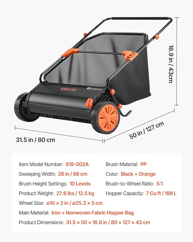 VEVOR Push Lawn Sweeper 26 in Leaf & Grass Collector 7 cu. ft. Hopper Bag