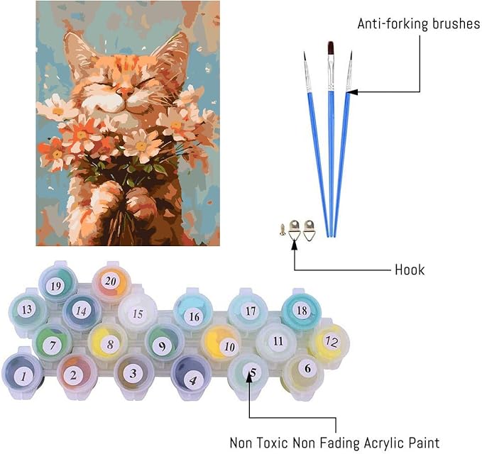 DIY Cat and Flower Paint by Numbers Kits for Adults, Painting by Numbers for Adult & Beginner on Canvas, Animal Oil Painting Kits Perfect for Home Decoration 16x20 Inch