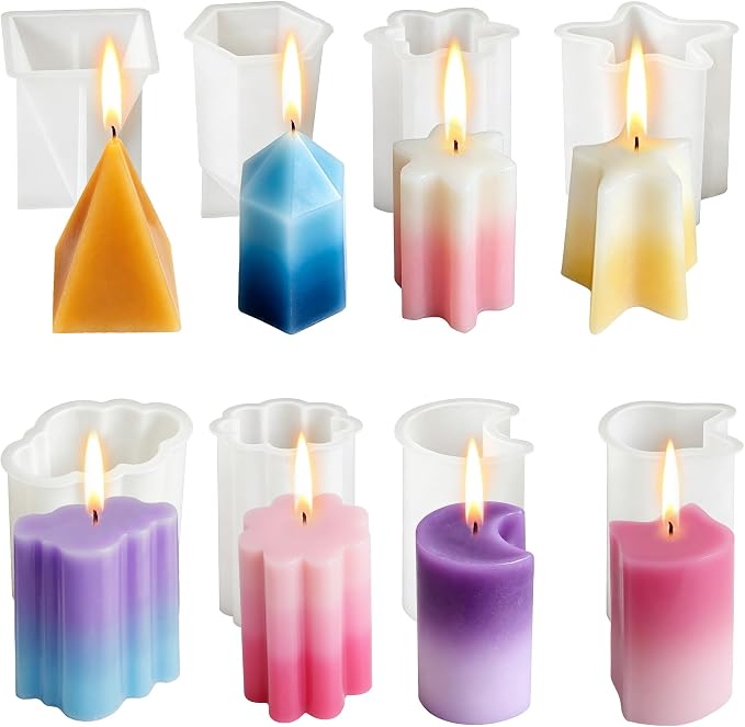 8PCS Reusable Silicone Candle Molds Set - Prism/Square Pyramid/Cloud/Pentagon/Hexagon/Flower/Cat Shapes for DIY Candle Making, Soap, Resin Crafts, Easy Release Candle Making Kit
