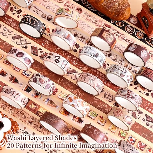 icceemee 20 Rolls Coffee Theme Washi Tape Set, Writable Decorative Tapes for Scrapbooking, Junk Journal Supplies, Bullet Journaling, Bullet Journaling, 0.6"x79" per Roll