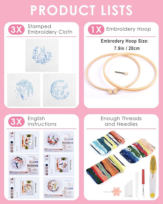 TINDTOP Hummingbird and Flower Embroidery Kit for Adults | Embroidery DIY Starter Kit, with Stamped Patterns, Hoop, Tools, Colorful Threads with Needles, Instructions