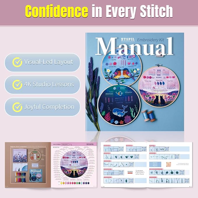 ETSPIL Beginner Embroidery Kit for Adults, Full-Color Print, 4K Video | Pre-Printed, Skip Filling. Bound Stitch Book, Step Manual. Needle Minder, Storage Tube. Weekend Project, Gift for Women