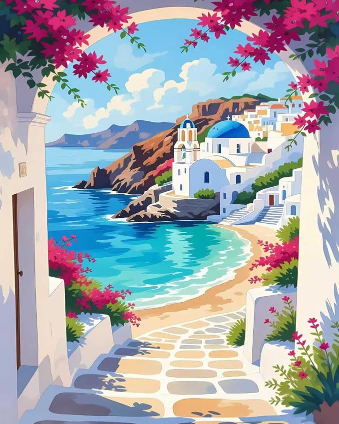 Mrnsiet Paint by Number for Adults Beginners, Easy Seaside Town Paint by Numbers Kits on Canvas, DIY Coastal City Oil Painting Kits Adults' Paint-by-Number Kits for Home Wall Decor 16x20 Inch