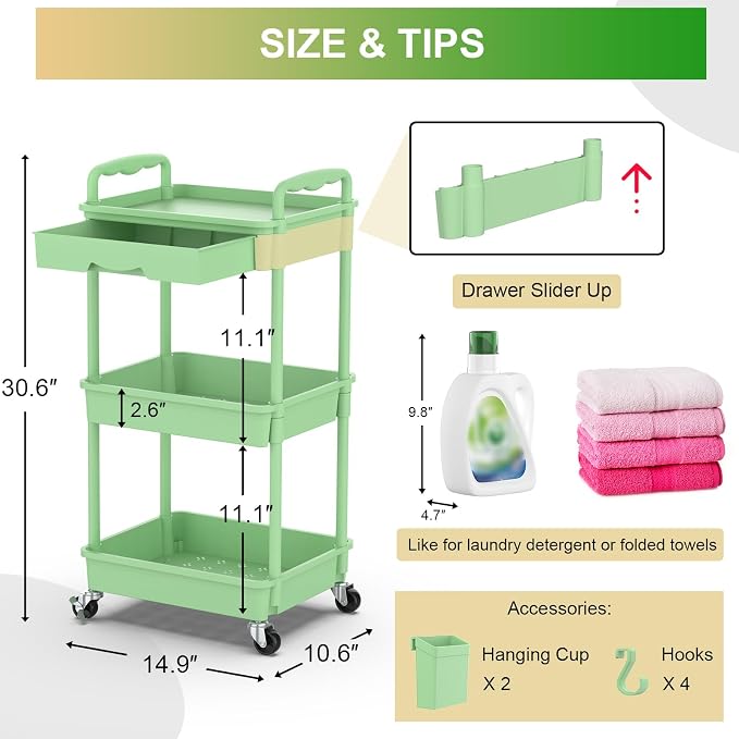 Goovilla 3 Tier Rolling Utility Cart Organizer with Removable Drawer, Green | Stable and Sturdy Rolling Storage Carts with 2 Lockable Wheels for Bathroom, Kitchen, Snack, Craft, Makeup, Baby Essentials