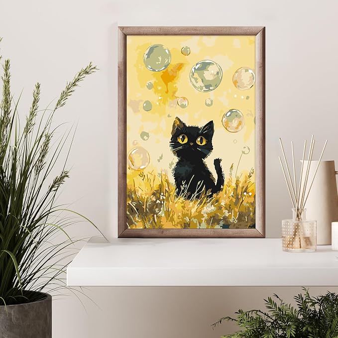 Framed Paint by Numbers Kit for Adults Beginner & Kids Ages 8-12, Black Cat Paint by Numbers with frame, without Easel, DIY Acrylic Number Painting for Adults Animal for Home Decor Gift 8 x 12 Inch