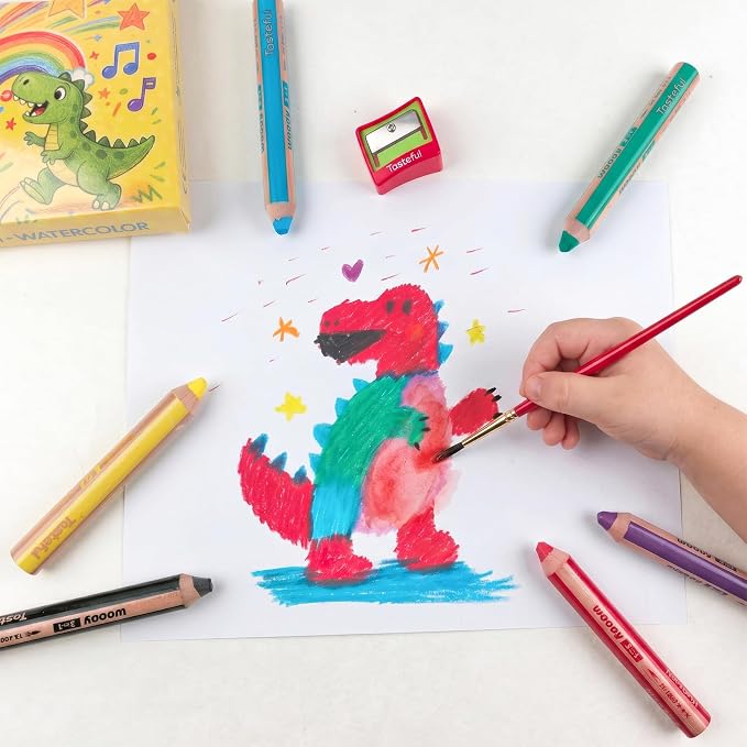 3 in 1 Colored Pencils Set, 6 Jumbo Fat Watercolor Crayons & Coloring Pencils Combo,Easy-Grip Non-Toxic Art Supplies with Sharpener & Water Brush for Beginners and Adults