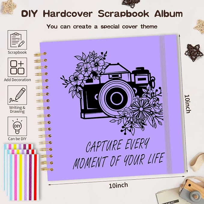 Scrapbook Album 10x10 inch, Travelling Journal Scrap Book Family Scrapbook Scrapbooking Supplies Kits Gift for Couples Anniversary Wedding (purple, 10 x 10 inch)
