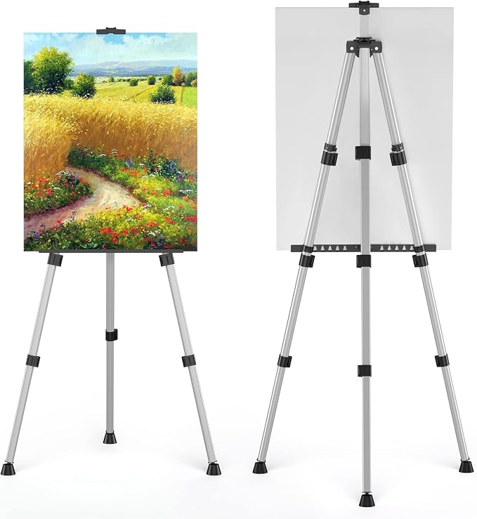 Art Painting Display Easel Stands - Portable Adjustable Floor Artist Easels | Aluminum Metal Tripod Silver Stands with Bags, Sturdy for Table-Top/Floor Painting, Drawing, Displaying - Silver 2 pack